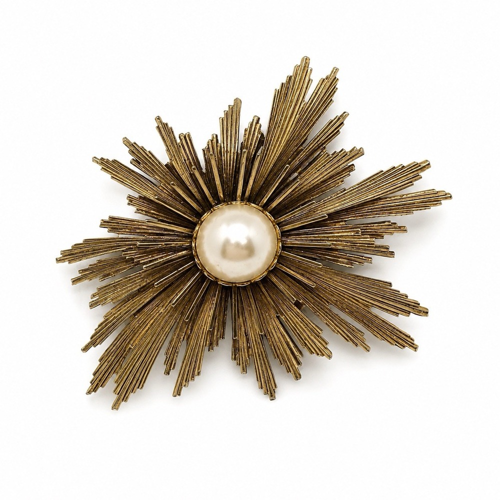 Vintage 1950s-60s Gold Tone Starburst Sunburst Brooch Faux Pearl Atomic MCM 4"